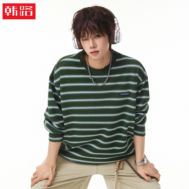 Hanlu | American retro color-block striped long-sleeve T-shirt for men and women, autumn trendy brand, loose and versatile casual pullover top Hanlu | American retro color-block striped long-sleeve T-shirt for men and women, autumn trendy brand, loose and versatile casual pullover top