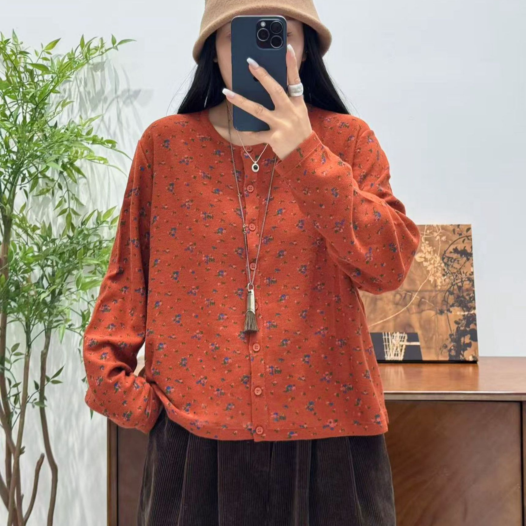 秋季新款文艺风碎花印花针织衫宽松休闲棉线开衫长袖针织衫女外套