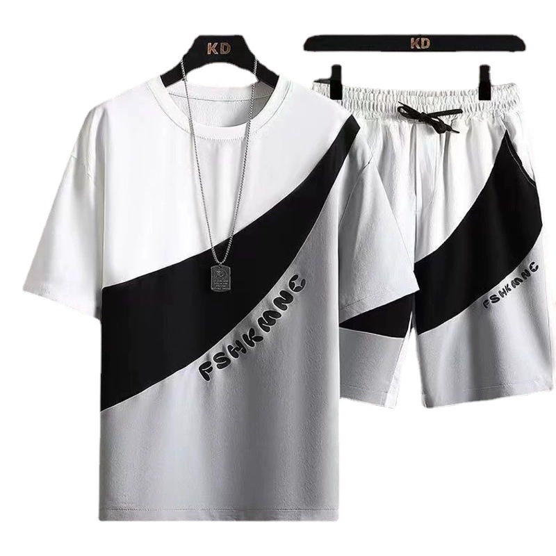 Повседневный костюм с короткими рукавами, мужской костюм больших размеров 2023, новый летний спортивный свободный костюм из двух частей с круглым вырезом контрастного цвета, модный