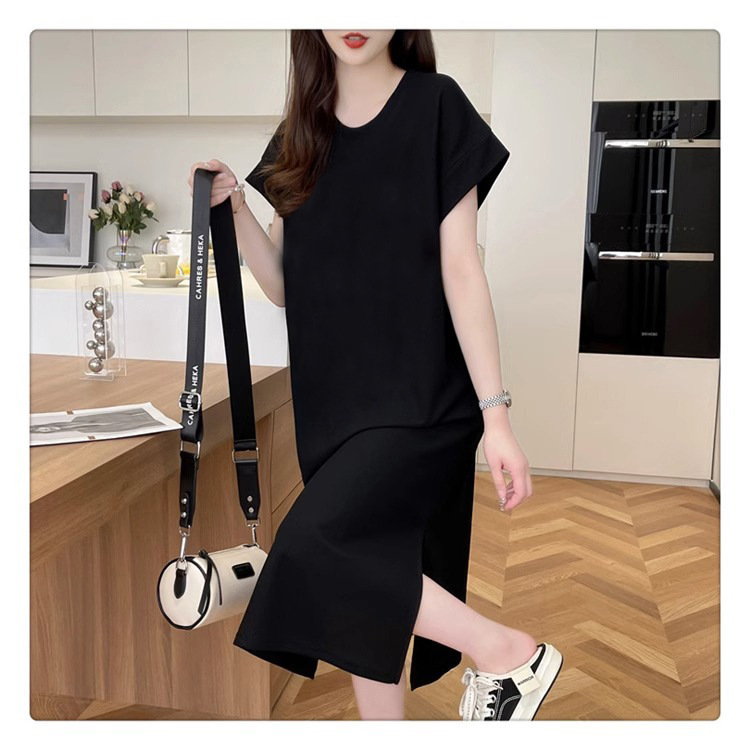 Solid color T-shirt skirt women's summer Korean style loose long lazy skirt elegant slimming high-grade small flying sleeve dress