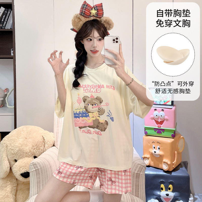 Pajamas with Breast Pads for Women, Modal Cool Short-Sleeved Shorts, One-Piece Anti-Bump Women's Cartoon Home Wear Set Pajamas with Breast Pads for Women, Modal Cool Short-Sleeved Shorts, One-Piece Anti-Bump Women's Cartoon Home Wear Set