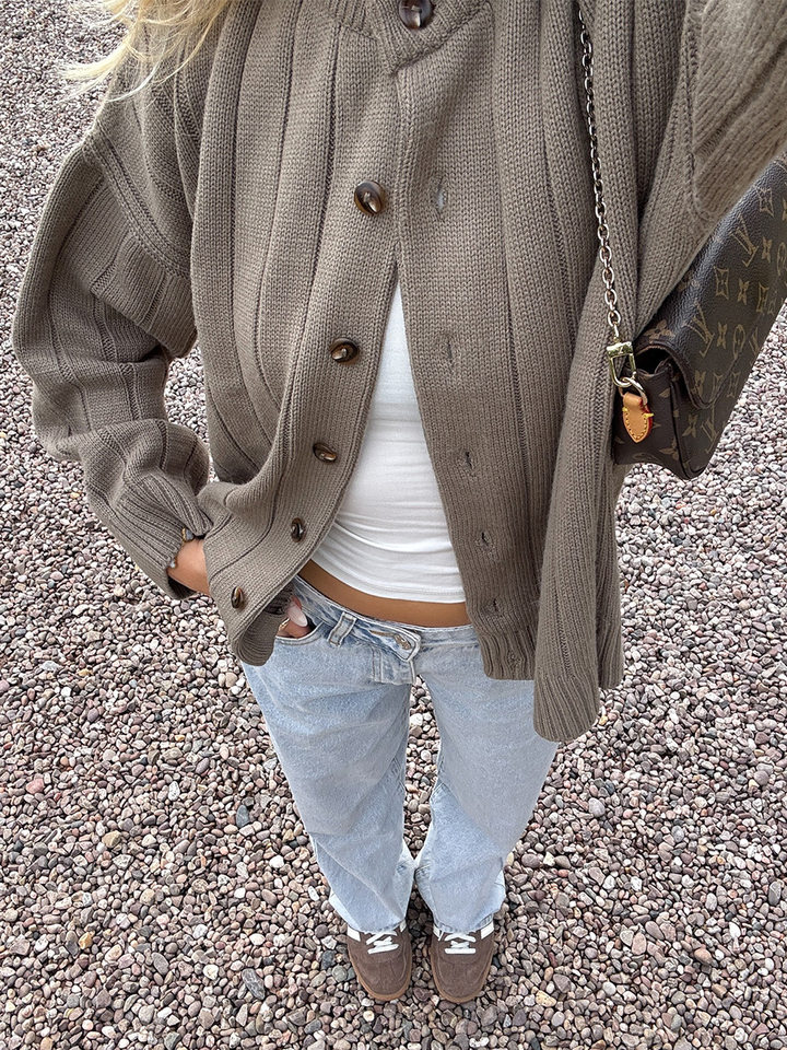 Áo cardigan len dệt kim cổ tròn dáng rộng tay dài nữ — màu vàng, màu xám nhạt chi tiết 29