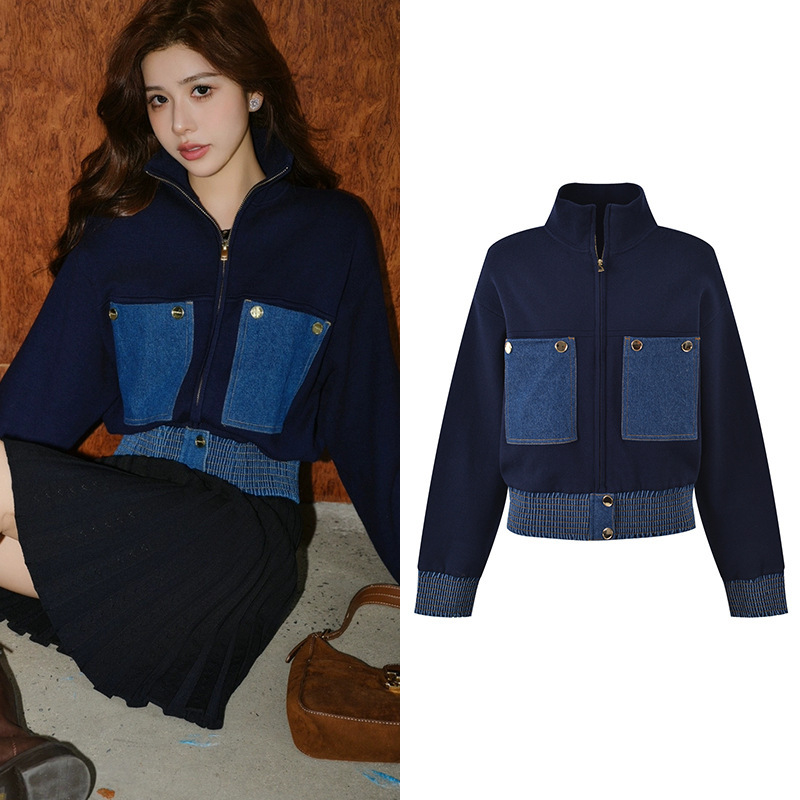 2024 early autumn new French fashion Denim stitching pocket patch half high collar short knitted jacket coat