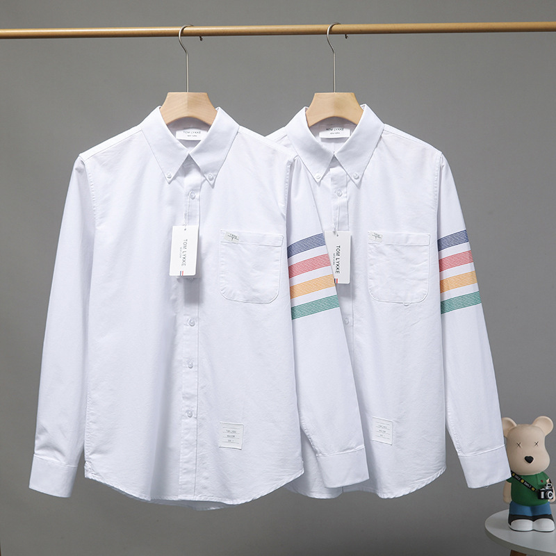 Tb New Style Men's and Women's Long-Sleeved Shirts for Spring and Autumn, Casual Four-Bar Rainbow Stripe Single-Sleeve Pure Cotton Breathable Pointed Collar Shirts Tb New Style Men's and Women's Long-Sleeved Shirts for Spring and Autumn, Casual Four-Bar Rainbow Stripe Single-Sleeve Pure Cotton Breathable Pointed Collar Shirts