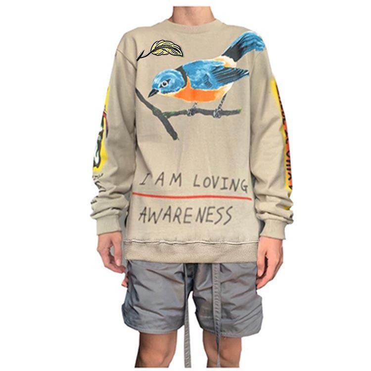 Kanye Kanye граффити птичка с круглым воротником свитер ins мужской и женский хип-хоп свободный топ нетто 500 г трансграничный