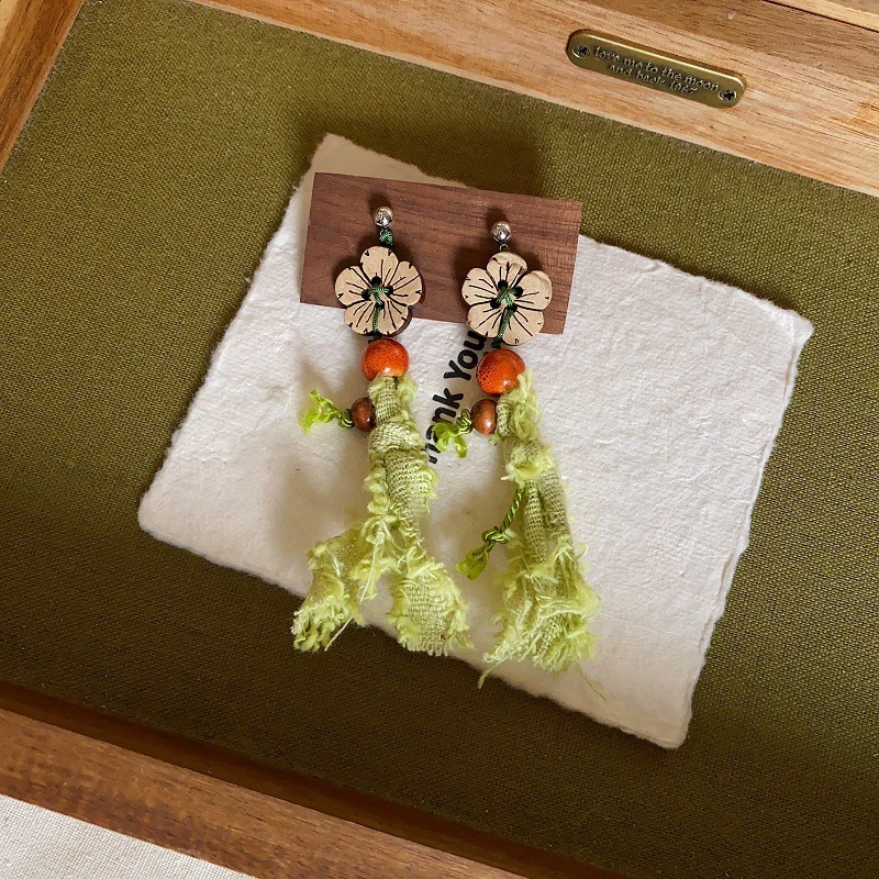 新中式花朵耳环女长款木质花耳坠小众设计感做旧复古气质耳饰耳钉|undefined