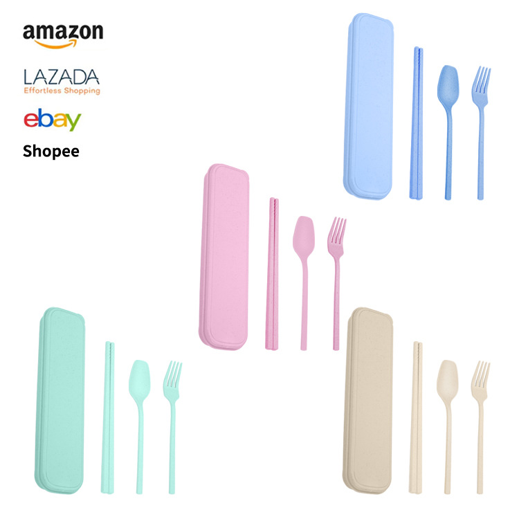 외국인 무역 밀 밀짚 식기 스푼 포크 젓가락 학생 휴대용 식기 보관 상자 매점 기숙사 3 종 세트 도매