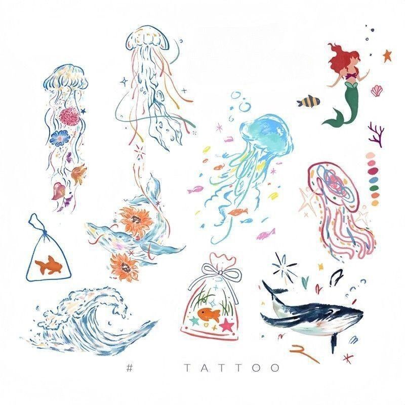 Deep Sea Forest Jellyfish Whale Hand Painted Wrist Tattoo Sticker Waterproof