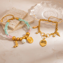 跨境不锈钢手链彩绳拼接原珠链ins风嵌猫眼石海星防水手饰