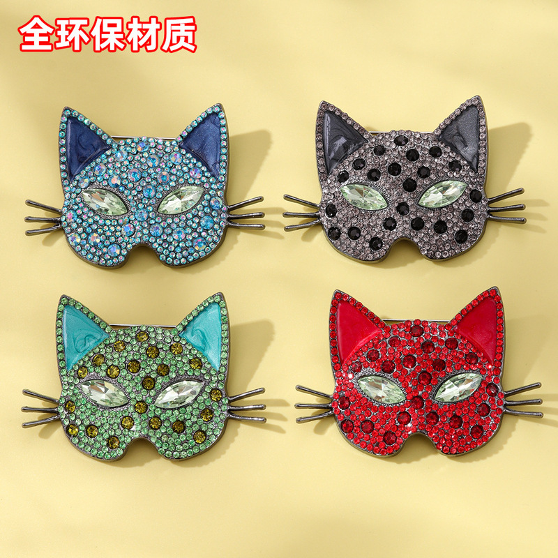 跨境新款时尚复古满钻猫头胸针个性猫咪西装配饰胸花别针环保饰品|undefined