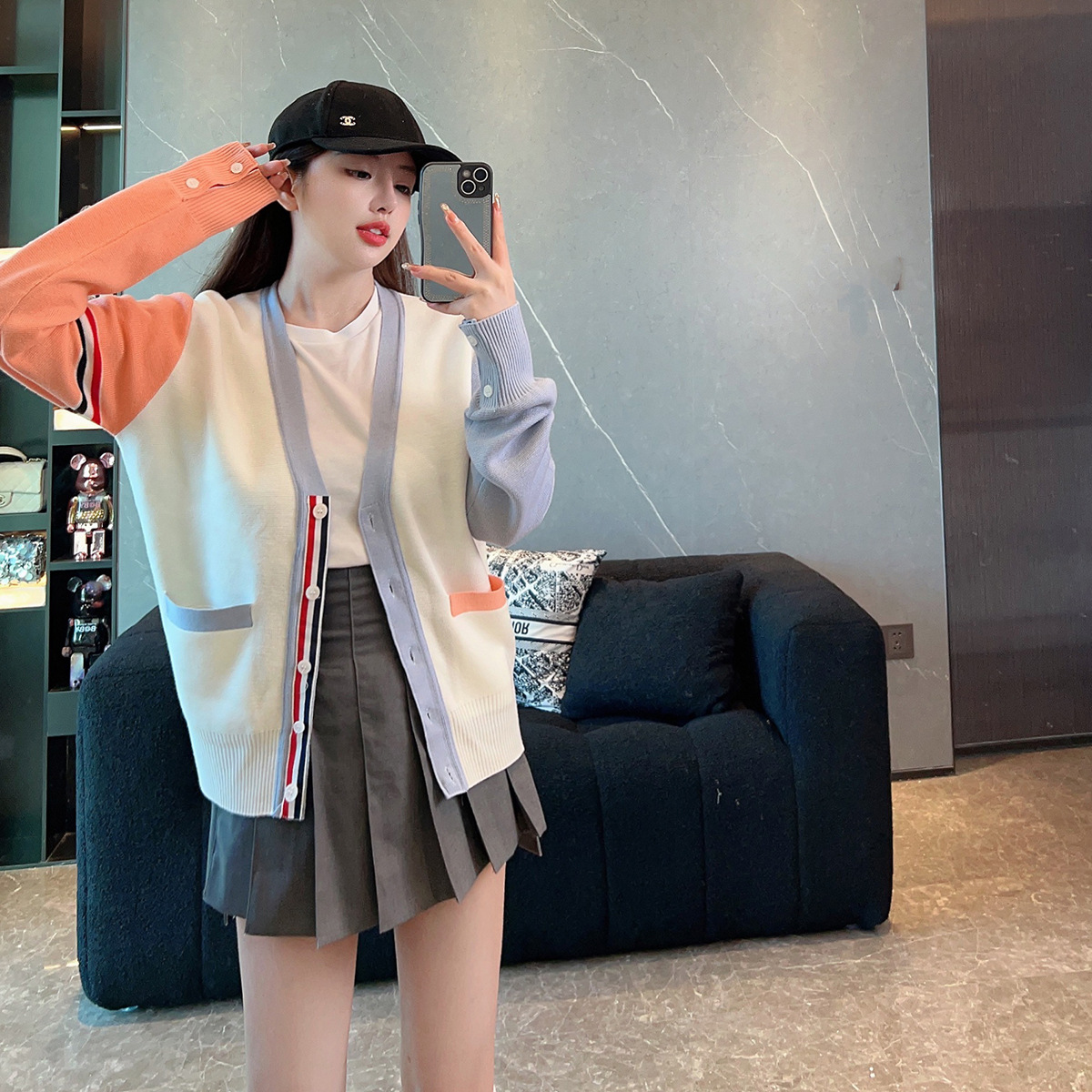 Autumn woolen cardigan with a round collar