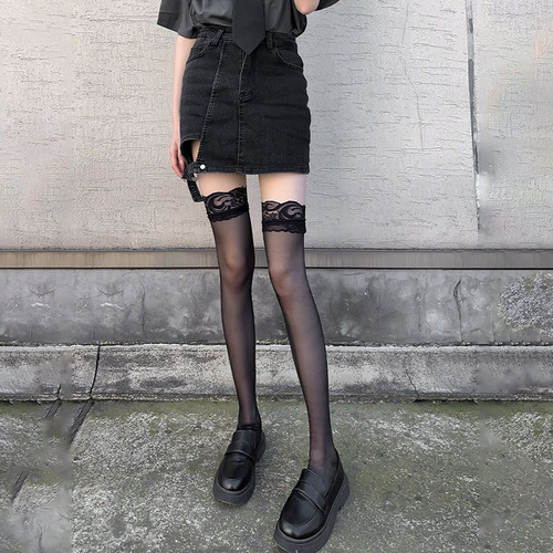 Sexy lace suspender stockings with bow-knots, women's black silk stockings, trendy JK-style fishnet thigh-highs, and over-the-knee fishnet socks