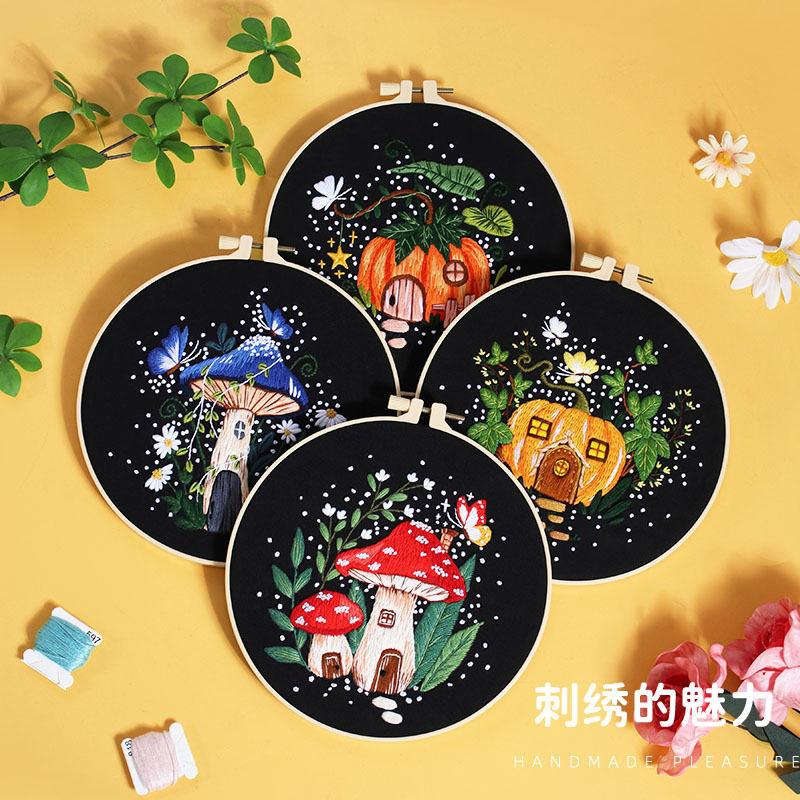 Nuevos productos hongos calabaza bordado amazon venta caliente bordado impresión de banda de bordado a mano diy paquete de material