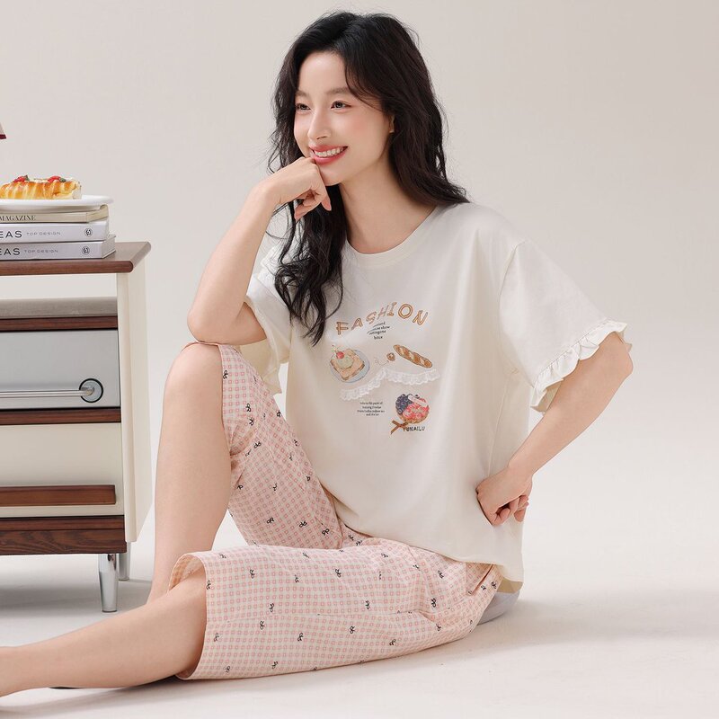Women's pure cotton pajamas, short-sleeved, cropped pants, summer 2026 new home wear set, round neck, cartoon design, can be worn outside Women's pure cotton pajamas, short-sleeved, cropped pants, summer 2026 new home wear set, round neck, cartoon design, can be worn outside