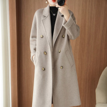 纯羊毛大衣中长款系带双兜开衫女式翻领双面呢外套秋冬新款双排扣