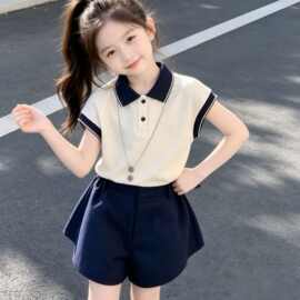 女童夏季套装2026新款儿童学院风POLO衫女孩短裤裙两件套中大童装