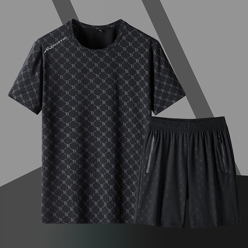 Traje deportivo de ocio de verano para hombre de seda de hielo de manga corta Camiseta pantalones cortos de dos piezas nuevo aire acondicionado de secado rápido conjunto corto venta al por mayor