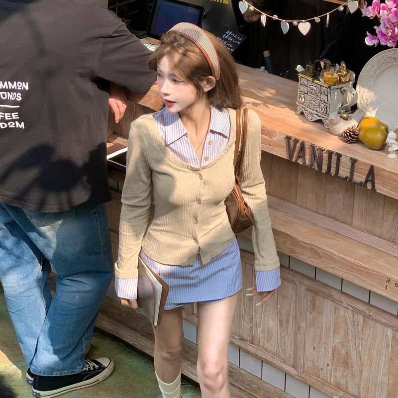 Fake Two-Piece Long-Sleeved Shirt Paired with a Skirt, Korean Style Complete Set for Women, 2025 New Early Autumn Miu-Style Outfit Fake Two-Piece Long-Sleeved Shirt Paired with a Skirt, Korean Style Complete Set for Women, 2025 New Early Autumn Miu-Style Outfit