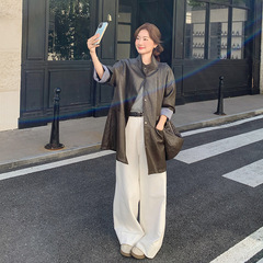 咖色高级感酷飒慵懒风皮外套女2025秋新款格纹拼接宽松休闲上衣