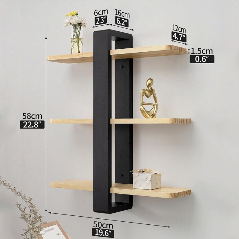 木製収納ラック壁掛け多層収納ラックリビングルーム木製装飾ラック三層収納ラック無垢材整理ラック|undefined