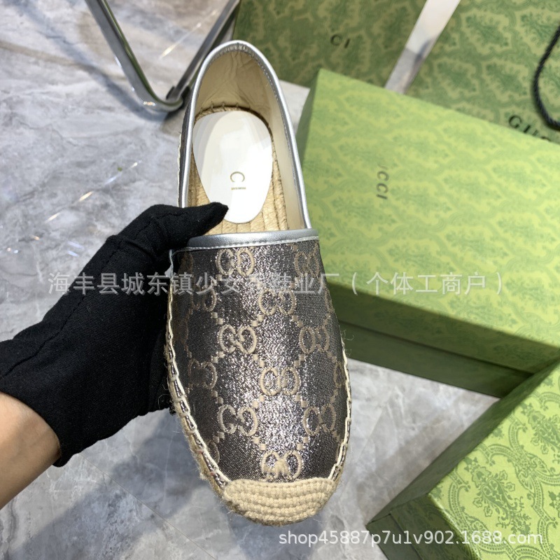 Comercio exterior transfronterizo G bordado estándar estampado zapatos de pescador 2025 suela de goma tejida boca poco profunda zapatos casuales de un solo pedal