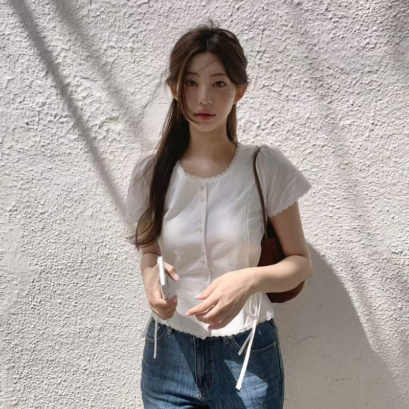 Now Korean Designer Zaen*O Lace Short-Sleeved Shirt Korean Women's Slim Waist Lace-Up Slim Shirt