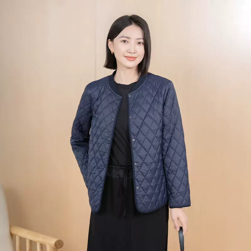 YUN韫春秋圆领棉服女宽松轻薄菱格外套无领高级感宽松通勤棉衣