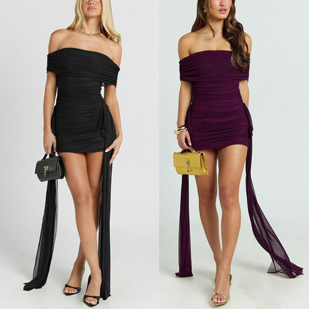 Amazon European and American Style 2025 Cross-Border New Women's One-Shoulder Pleated Draped Ribbon Hip-Hugging Short Dress