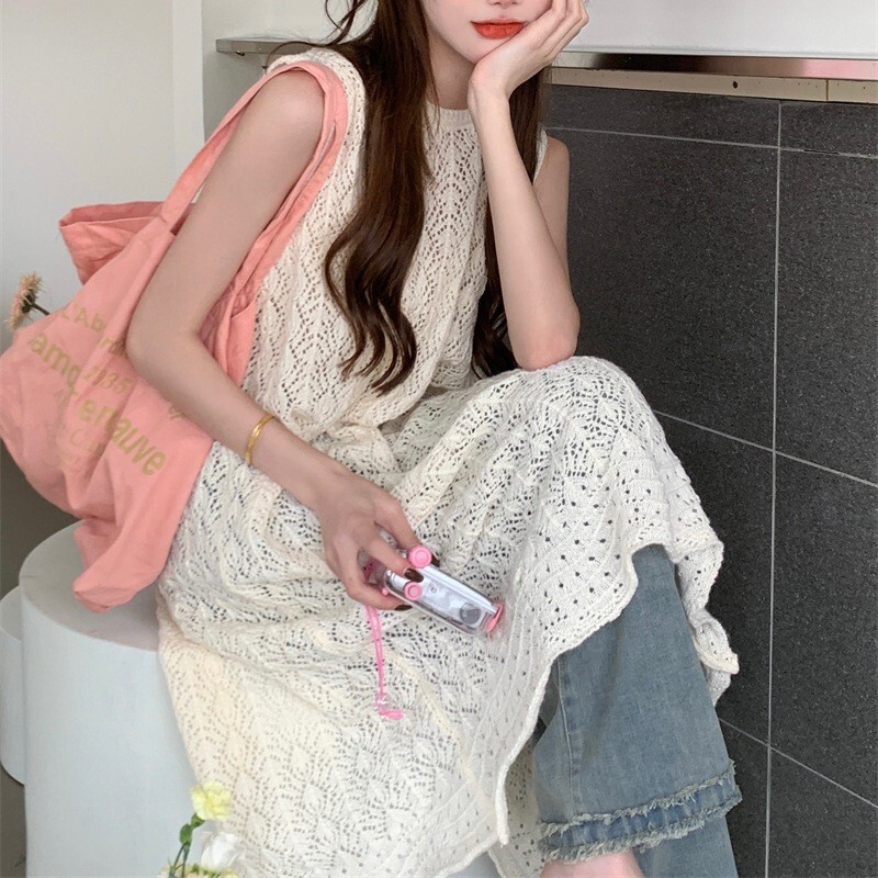 Hollow Beach dress European and American Spice Girls Long Split Crewneck Sleeveless Cross-border Vacation Style Knit Vessel Skirt Hollow Beach dress European and American Spice Girls Long Split Crewneck Sleeveless Cross-border Vacation Style Knit Vessel Skirt