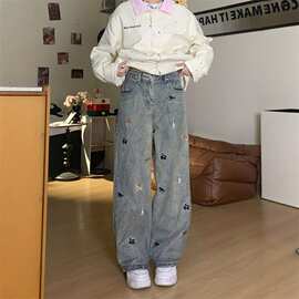 复古满印小狗刺绣阔腿牛仔裤女2026春夏季美式街头水洗做旧直筒裤