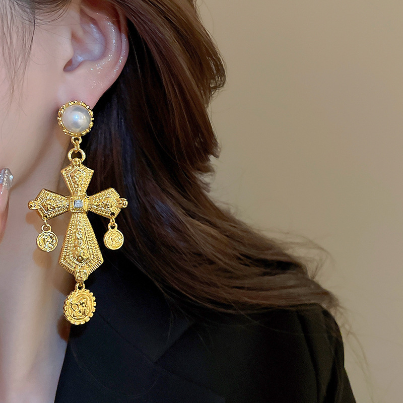 Plating, Inlay Design 1 Pair Vintage Style Cross Plating Inlay Alloy Artificial Pearls Rhinestones Drop Earrings