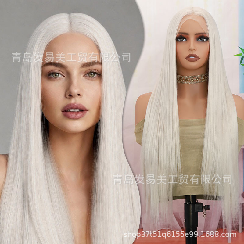 White Ice Frontal Lace Long Straight Hair Wig, Synthetic High-Temperature Fiber, Can be Parted Freely, Naturally Pre-Plucked Hairline White Ice Frontal Lace Long Straight Hair Wig, Synthetic High-Temperature Fiber, Can be Parted Freely, Naturally Pre-Plucked Hairline