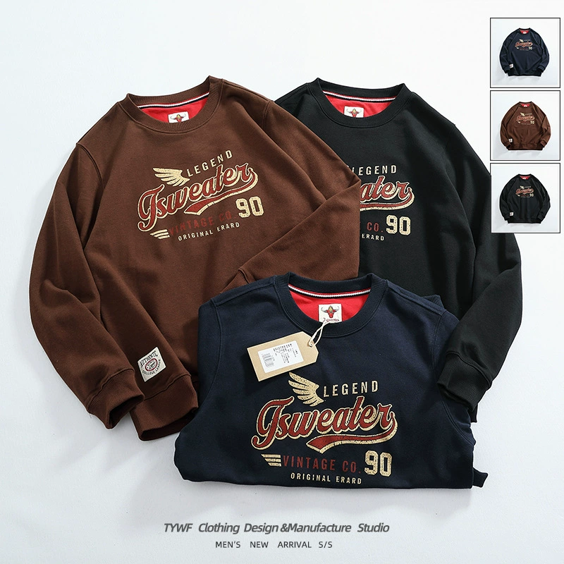 Прилив список! 320 г тяжелый американский ретро персонализированный принт с длинными рукавами мужской повседневный круглый воротник свитер