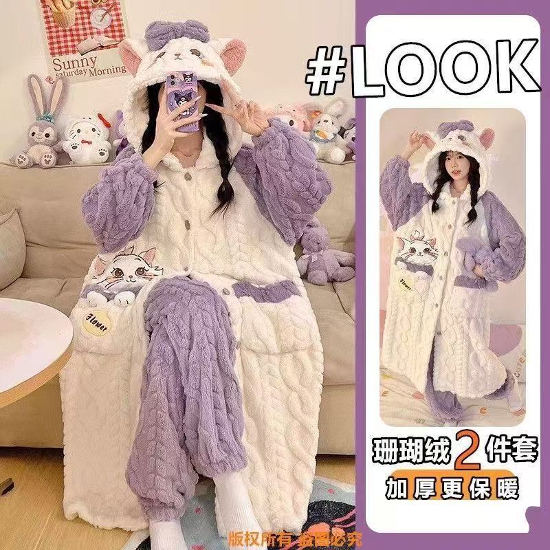 珊瑚绒睡袍女秋冬季加绒加厚睡衣年新款卡通慵懒风家居服套装可外