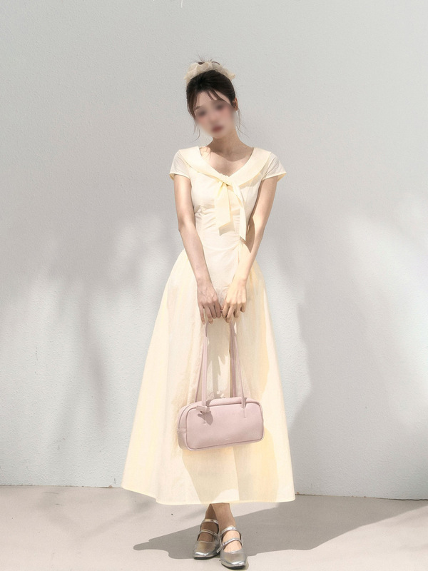 法式围巾领短袖连衣裙女2025夏季新款收腰显瘦气质长裙|undefined