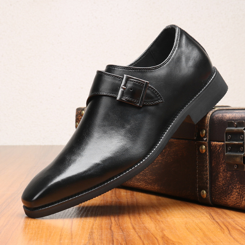 Business leather shoes square head dress casual shoes low top wipe color leather buckle cover foot_vogvips.com