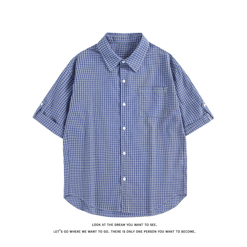 2025 New Men's Plaid Short-Sleeved Shirt American Retro Blue Lapel Trendy Brand Fashion Casual Shirt Jacket