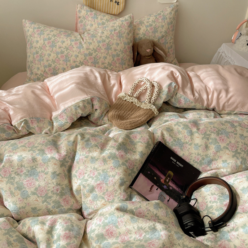 Madre y bebé clase A cuatro piezas de algodón doble hilo ropa de cama ins sábanas de flores trituradas cubierta dormitorio tres piezas de conjunto