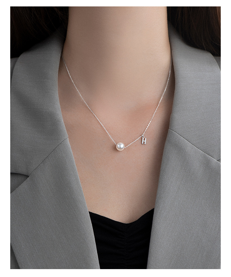 5g Weight Artificial Pearls, Zircon Inlay Material Necklace Classification cable chain Chain Type 925 Sterling Silver Artificial Pearls Zircon Cable Chain Inlay Letter Necklace