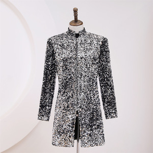 Men's silver sequined jazz dance long suits England wind silver collar and suit the party host singer performance long jackets for man