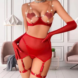 INS European and American Cross-border Internet Celebrant Lingerie Chest-exposed Love Chain Sexy Perspective Mesh Five-piece Set for Women