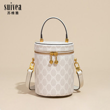 2025夏季新款复古手提圆筒包包女时尚洋气韩版老花单肩斜挎水桶包