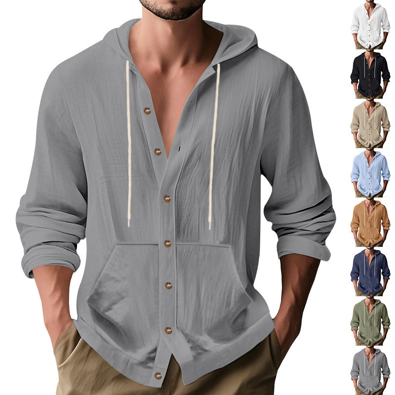 Cross-Border Men's Linen Simple Solid Color Hooded Shirt, Fashionable Casual Shirt, Men's Long-Sleeve Cardigan Jacket, Comfortable