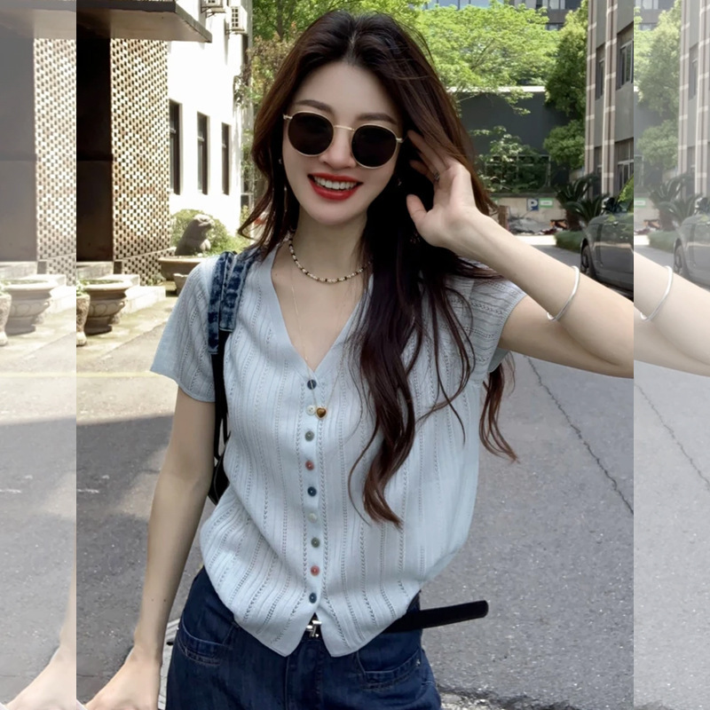 Colorful Button V-Neck Short-Sleeved T-Shirt for Women 2025 Summer Ootd Wear New Thin Knitted Cardigan Jacket Top Colorful Button V-Neck Short-Sleeved T-Shirt for Women 2025 Summer Ootd Wear New Thin Knitted Cardigan Jacket Top