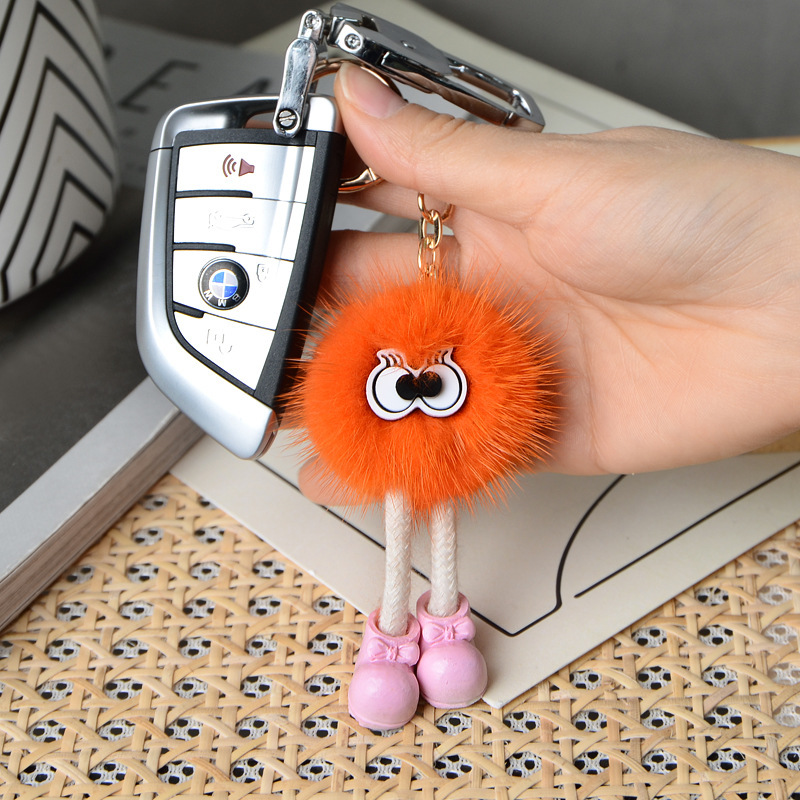 Factory wholesale cute big long legs small coal ball mink hair car keychain plush doll school bag pendant