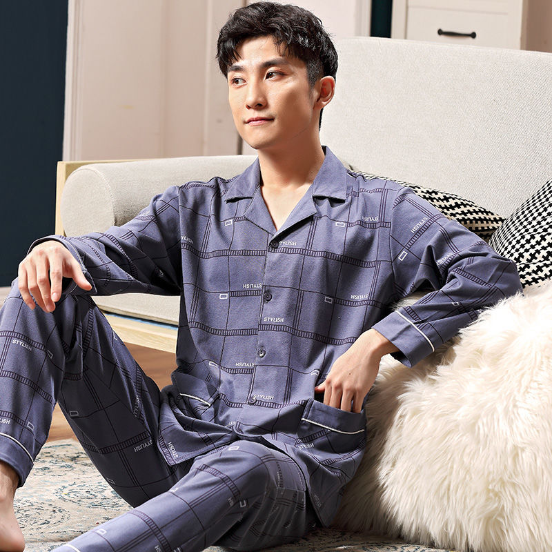Pijamas de los hombres de primavera y otoño 100% algodón de manga larga de los hombres de desgaste del hogar de los hombres de otoño e invierno más traje de tamaño