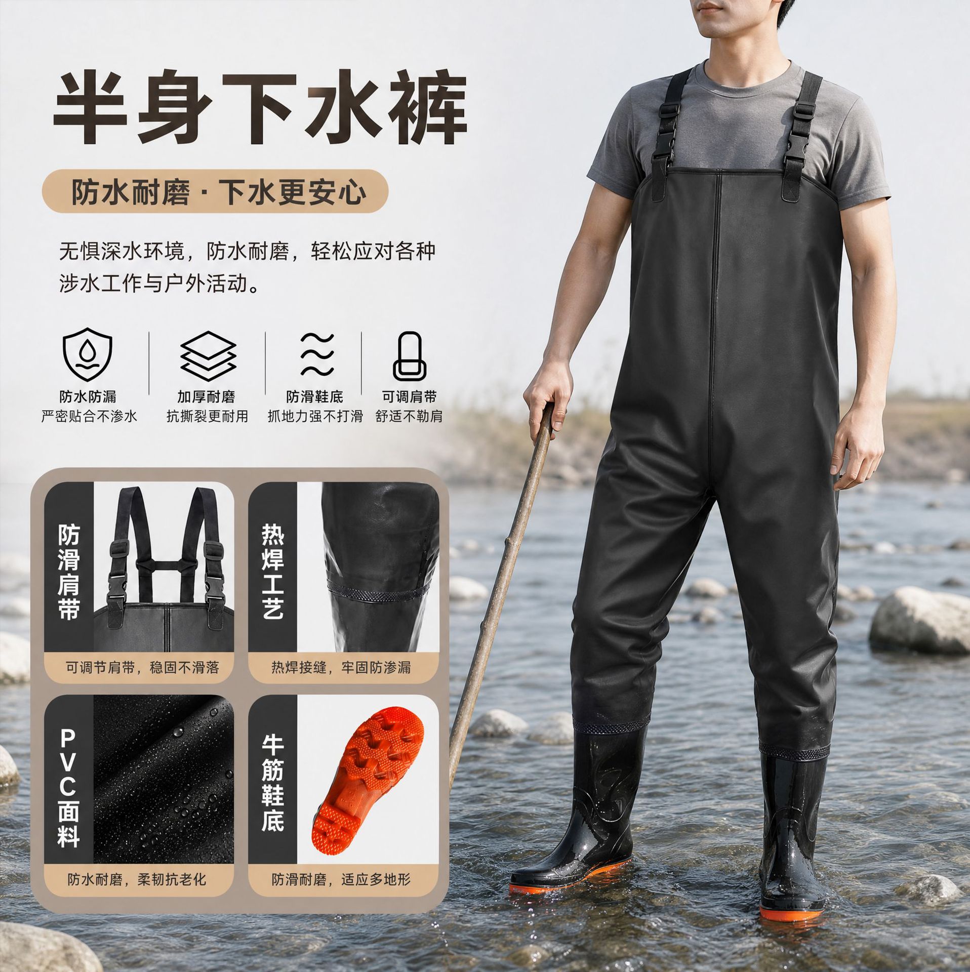 Wading pants, half-body waterproof suit, rain pants with rain boots, fishing waders, men's full-body one-piece reservoir fishing suit, thickened