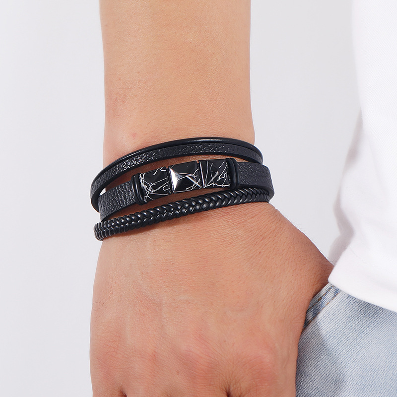 Gothic Lederarmband Für Herren Mit Magnetverschluss Und Flechtmuster_voghion.com