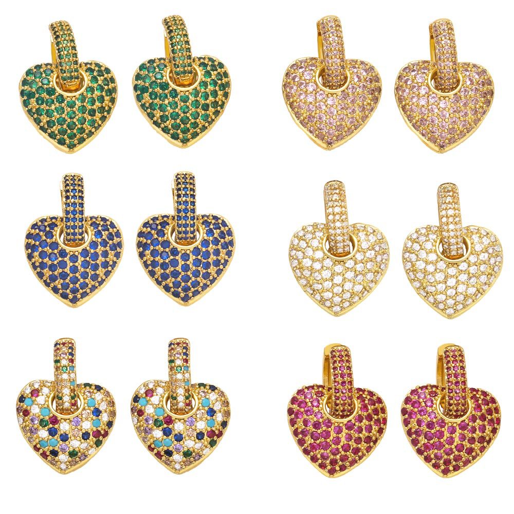15g Weight Fashion Micro-inlaid Color Heart-shaped Zircon Copper Earrings