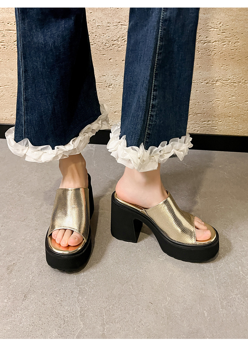 Sandal cao gót nữ hở mũi quai ngang đế xuồng gót vuông 9 cm — màu đen, màu vàng, bạc chi tiết 11